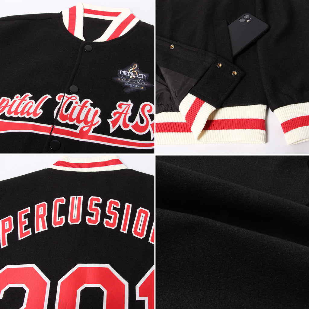Custom Black Red-Cream Bomber Full-Snap Varsity Letterman Jacket