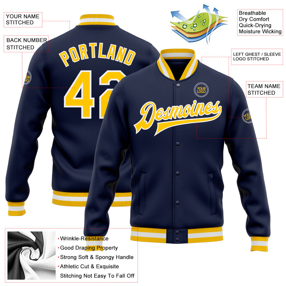 Custom Navy Gold-White Bomber Full-Snap Varsity Letterman Jacket