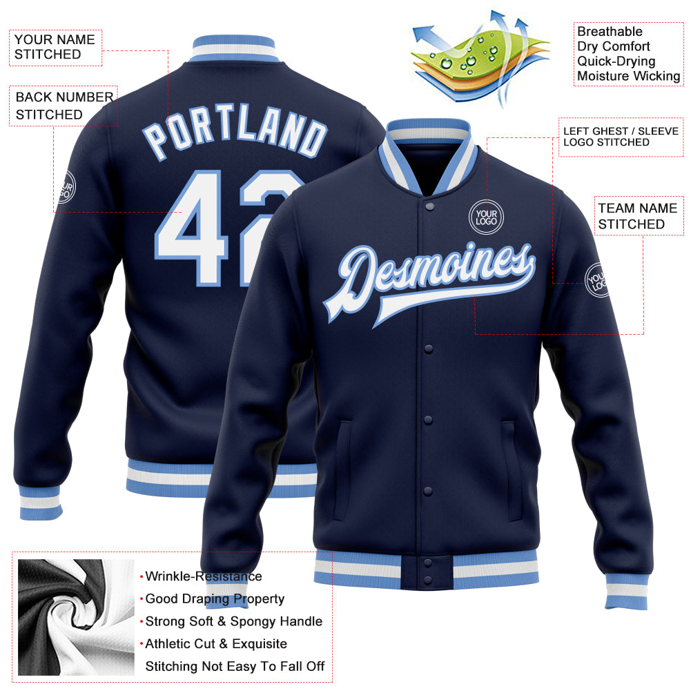 Custom Navy White-Light Blue Bomber Full-Snap Varsity Letterman Jacket