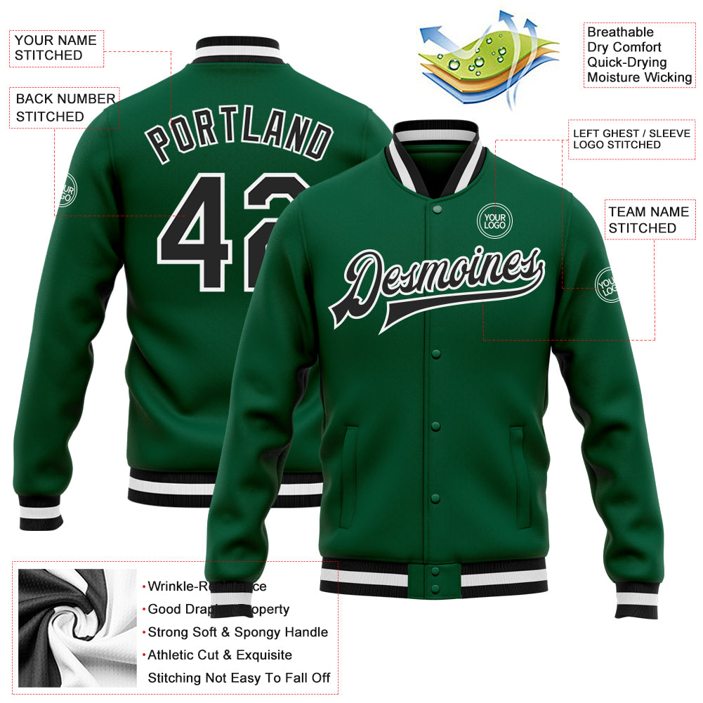 Custom Kelly Green Black-White Bomber Full-Snap Varsity Letterman Jacket