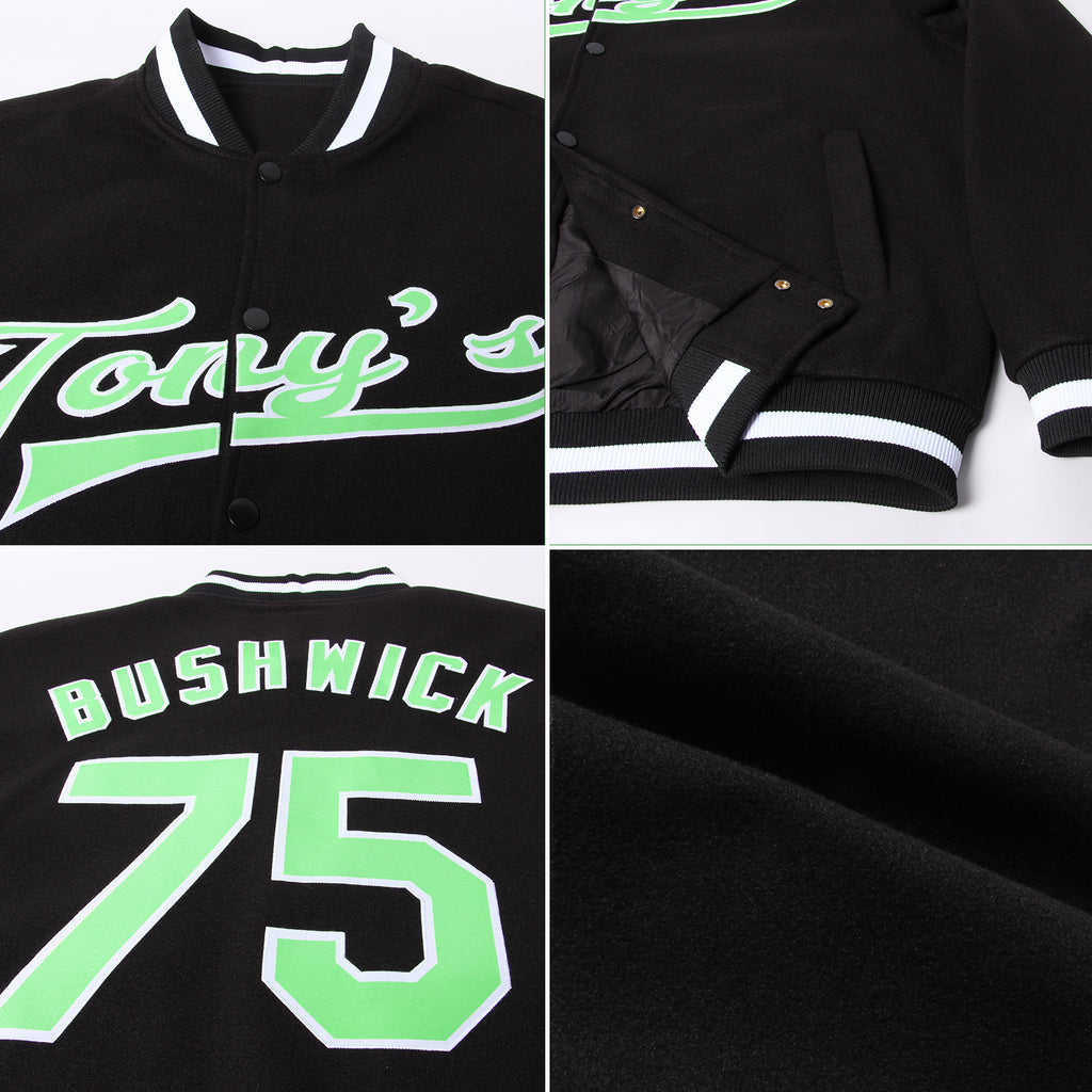 Custom Black Pea Green-White Bomber Full-Snap Varsity Letterman Jacket