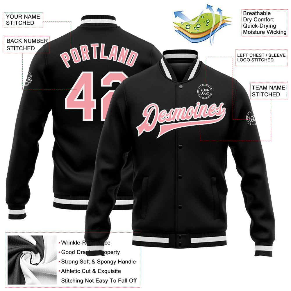 Custom Black Medium Pink-White Bomber Full-Snap Varsity Letterman Jacket