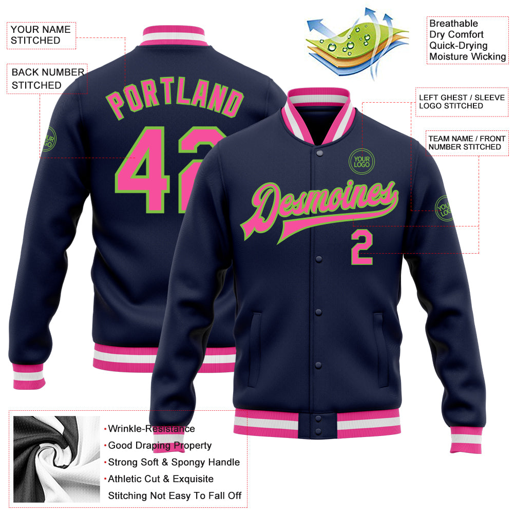 Custom Navy Pink-Neon Green Bomber Full-Snap Varsity Letterman Jacket