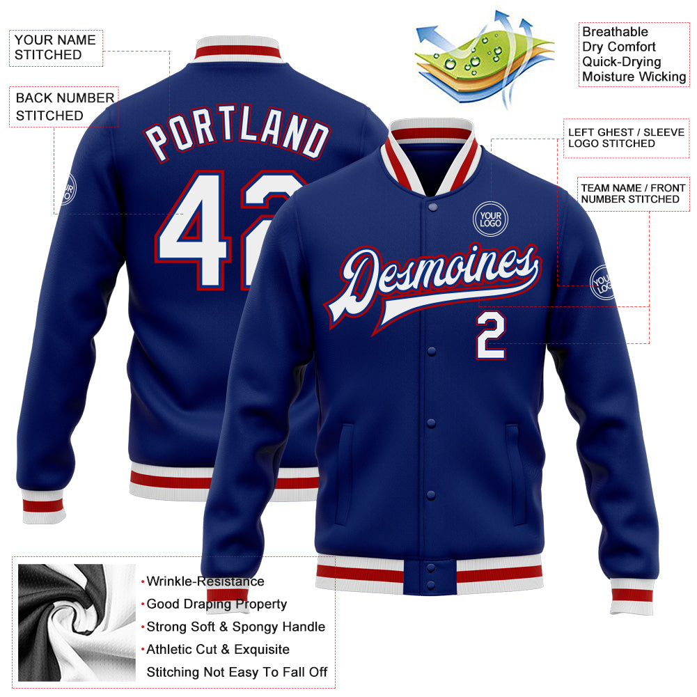 Custom Royal White-Red Bomber Full-Snap Varsity Letterman Jacket