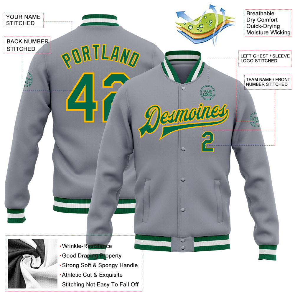 Custom Gray Kelly Green-Gold Bomber Full-Snap Varsity Letterman Jacket