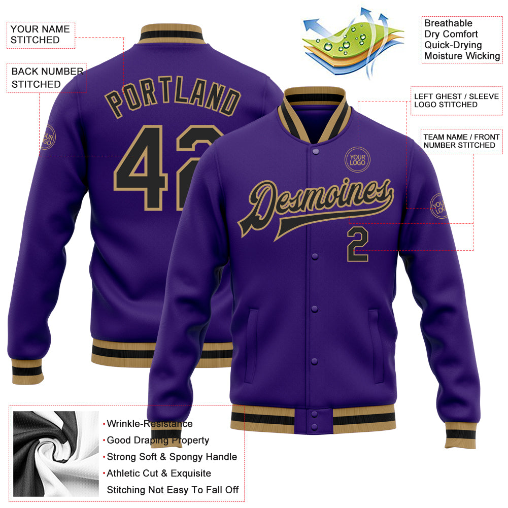 Custom Purple Black-Old Gold Bomber Full-Snap Varsity Letterman Jacket