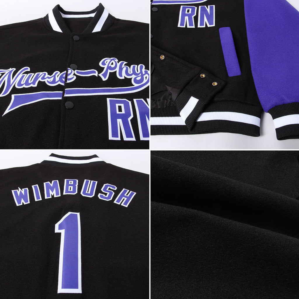 Custom Black Purple-White Bomber Full-Snap Varsity Letterman Two Tone Jacket