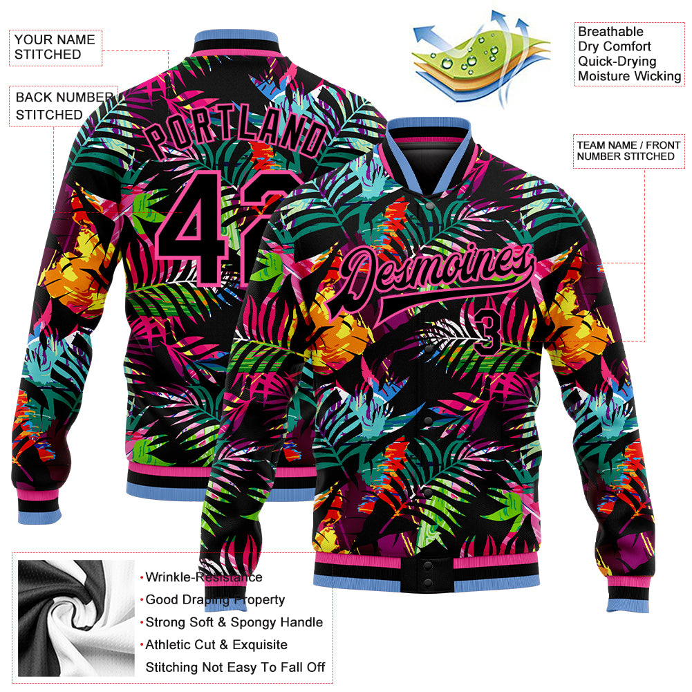 Custom Black Pink-Light Blue Hawaii Palm Trees 3D Pattern Design Bomber Full-Snap Varsity Letterman Jacket