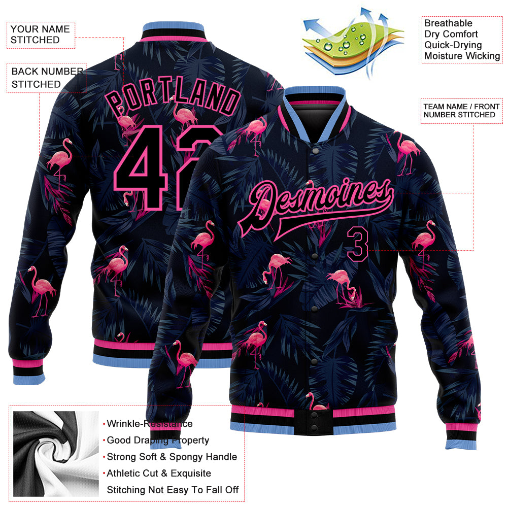 Custom Black Black Pink-Light Blue Hawaii Palm Trees And Flamingo 3D Pattern Design Bomber Full-Snap Varsity Letterman Jacket