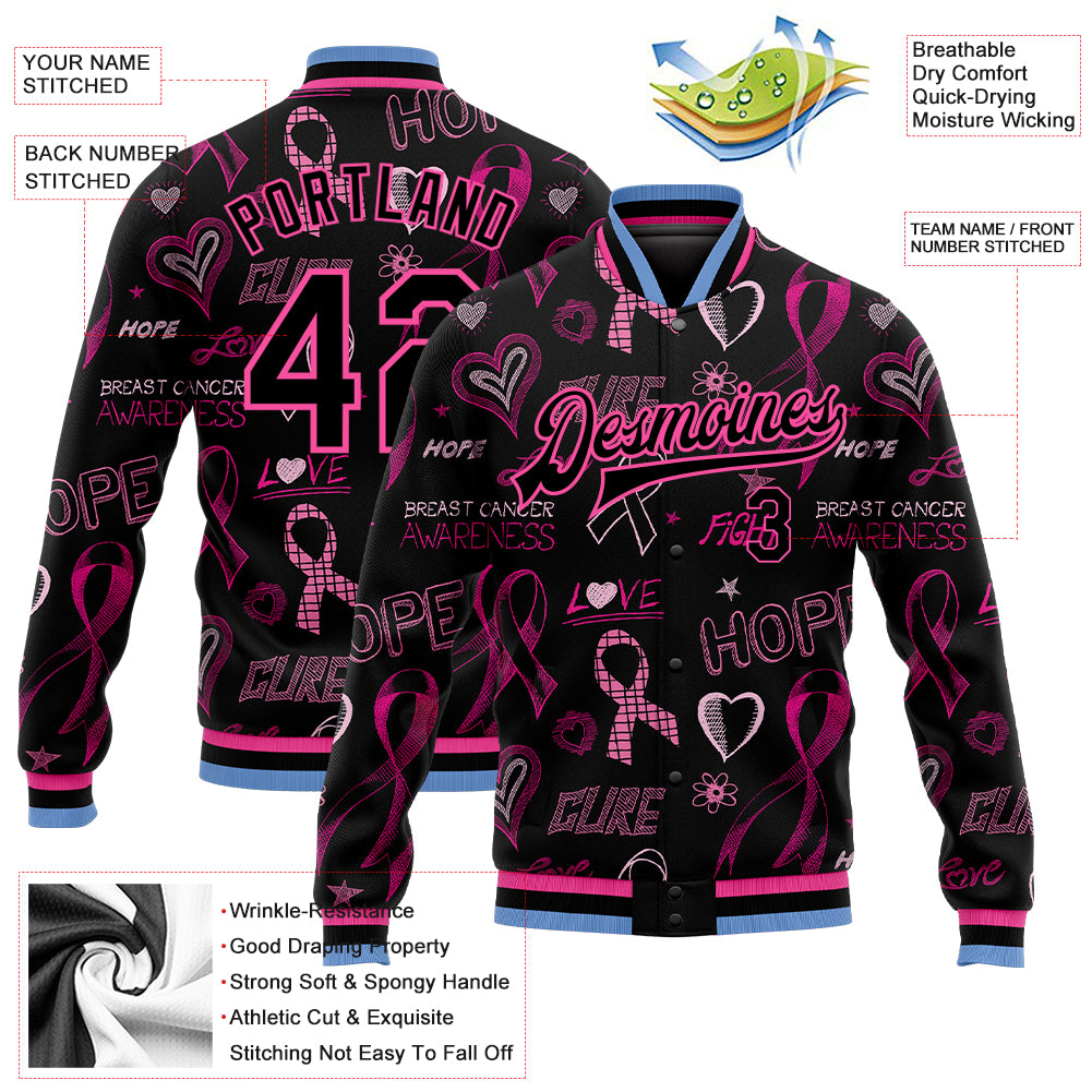 Custom Black Black Pink-Light Blue Pink Ribbon Breast Cancer Awareness 3D Pattern Design Bomber Full-Snap Varsity Letterman Jacket