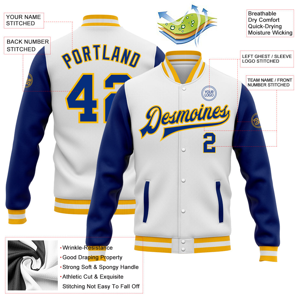 Custom Royal White-Gray Color Block Bomber Varsity Full-Snap Baseball Jacket main image 0