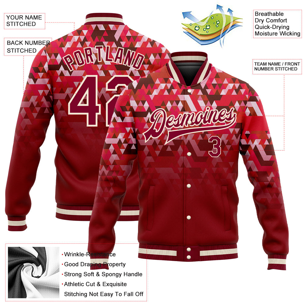 Custom Red Crimson-Cream 3D Pattern Design Bomber Full-Snap Varsity Letterman Jacket