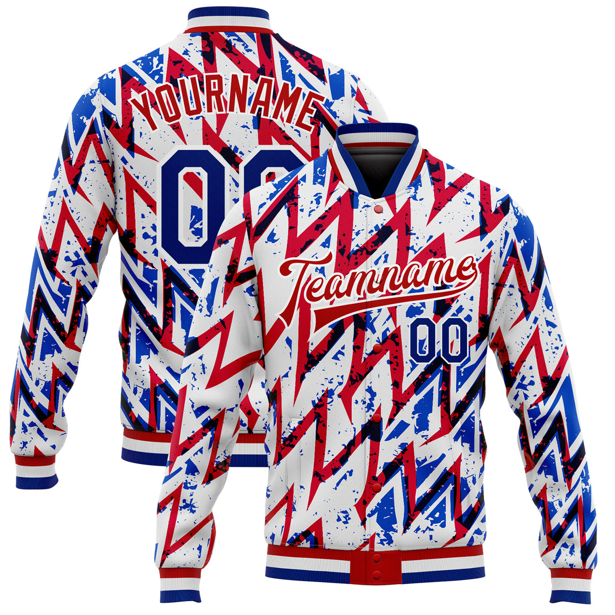 Custom Royal White-Gray Color Block Bomber Varsity Full-Snap Baseball Jacket main image 1