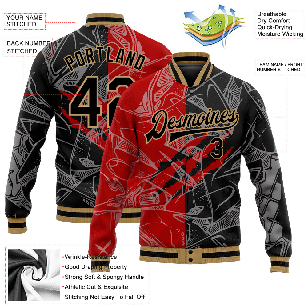 Custom Graffiti Pattern Black Red-Old Gold 3D Bomber Full-Snap Varsity Letterman Jacket