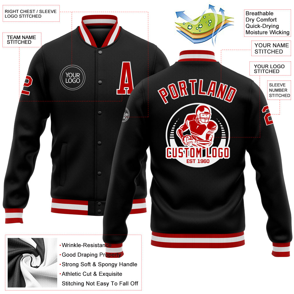 Custom Black Red-White Bomber Full-Snap Varsity Letterman Jacket