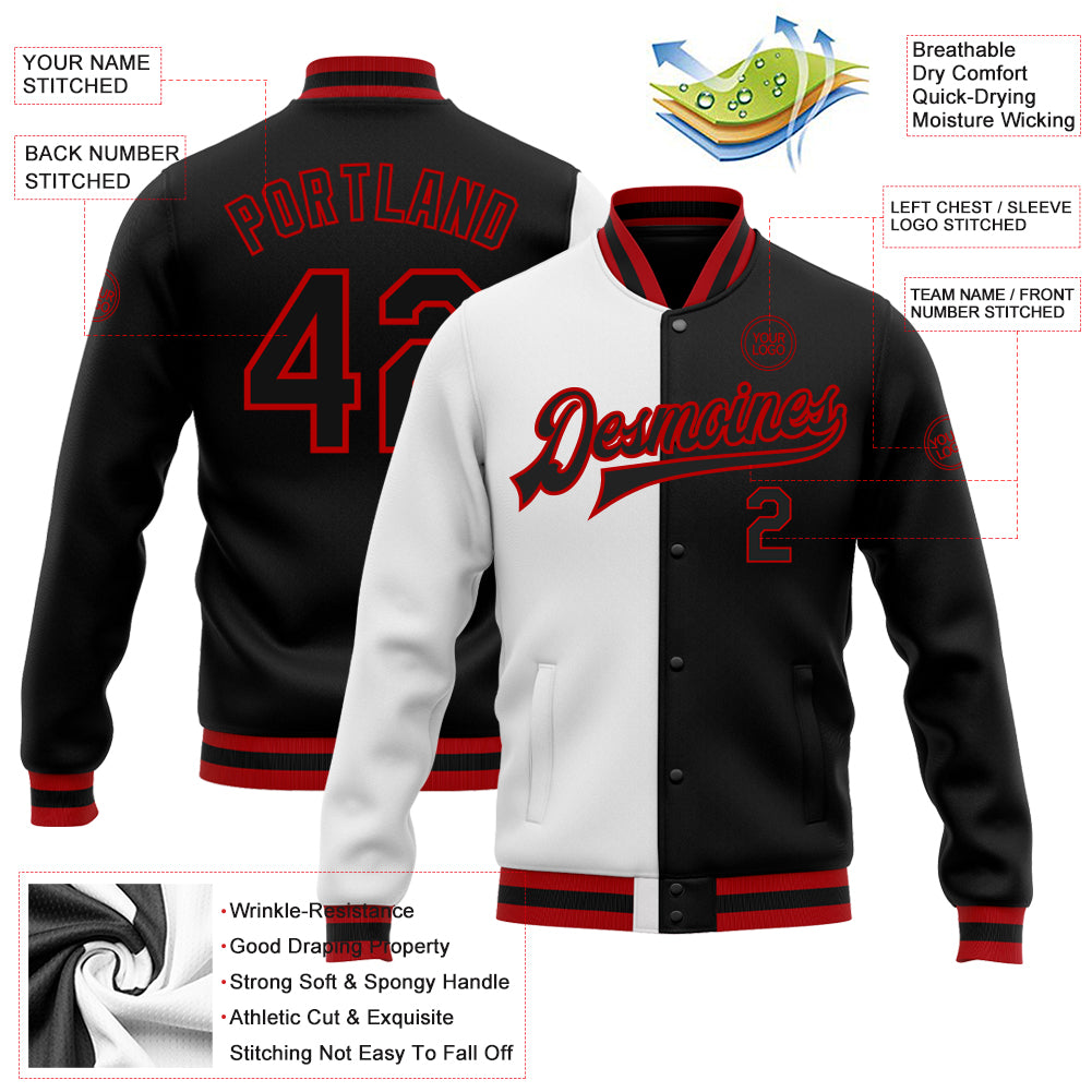 Custom White Black-Red Bomber Full-Snap Varsity Letterman Split Fashion Jacket