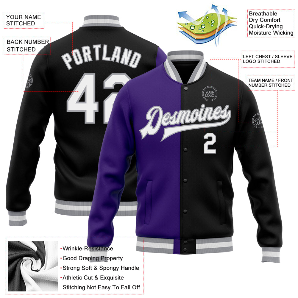 Custom Black White Purple-Gray Bomber Full-Snap Varsity Letterman Split Fashion Jacket