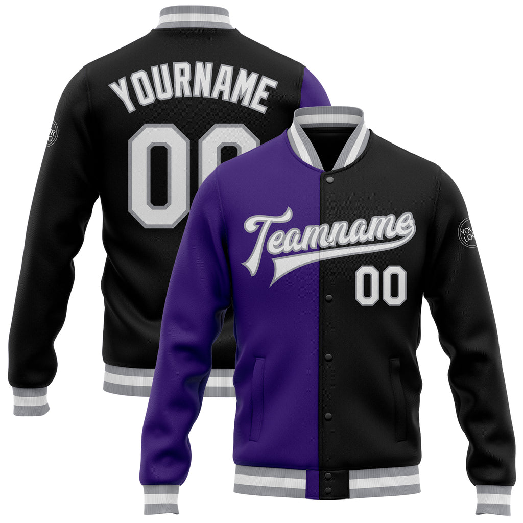 Custom Black White Purple-Gray Bomber Full-Snap Varsity Letterman Split Fashion Jacket