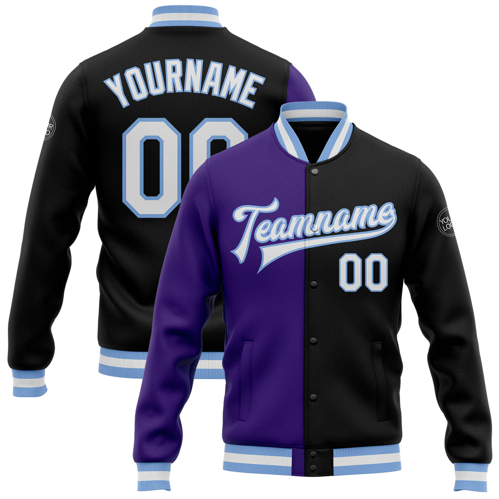 Custom Black White Purple-Light Blue Bomber Full-Snap Varsity Letterman Split Fashion Jacket