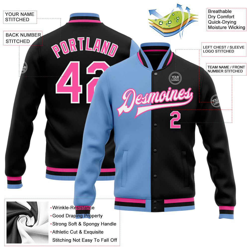 Custom Black Pink-Light Blue Bomber Full-Snap Varsity Letterman Split Fashion Jacket