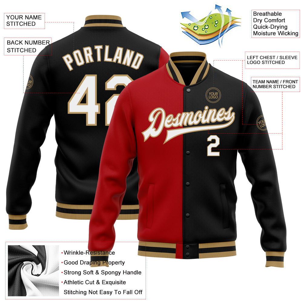 Custom Black White Red-Old Gold Bomber Full-Snap Varsity Letterman Split Fashion Jacket