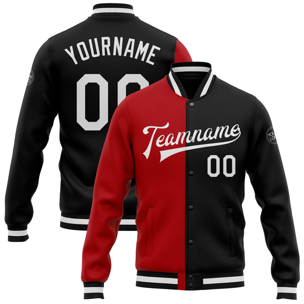 Custom Black White-Red Bomber Full-Snap Varsity Letterman Split Fashion Jacket