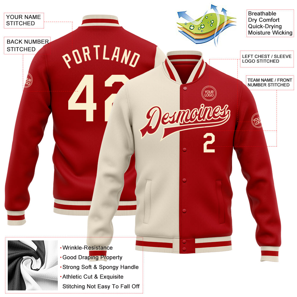 Custom Red Cream Bomber Full-Snap Varsity Letterman Split Fashion Jacket