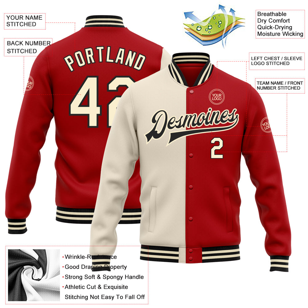 Custom Red Cream-Black Bomber Full-Snap Varsity Letterman Split Fashion Jacket