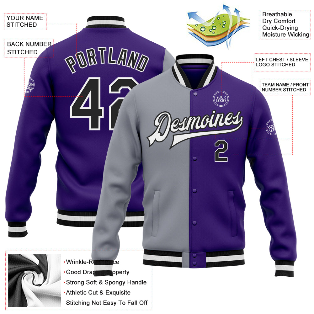 Custom Purple Black-Gray Bomber Full-Snap Varsity Letterman Split Fashion Jacket