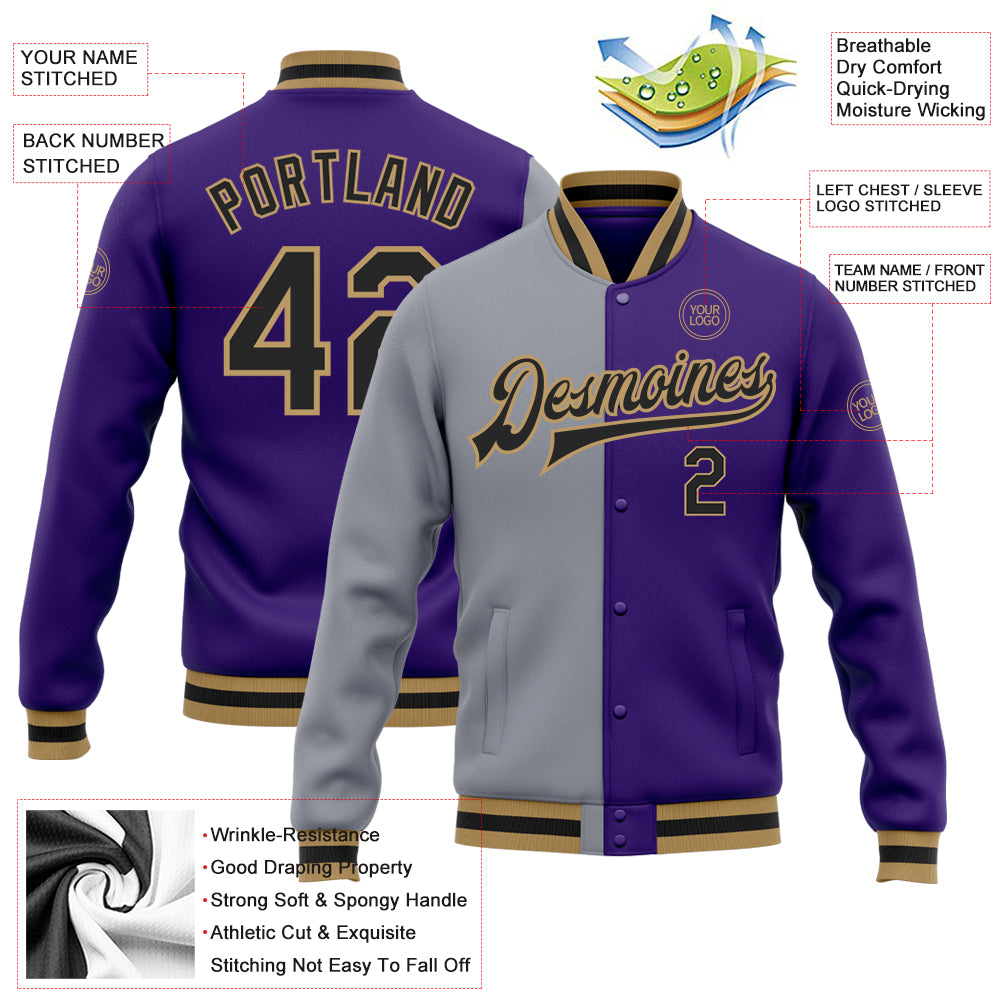 Custom Purple Black Gray-Old Gold Bomber Full-Snap Varsity Letterman Split Fashion Jacket