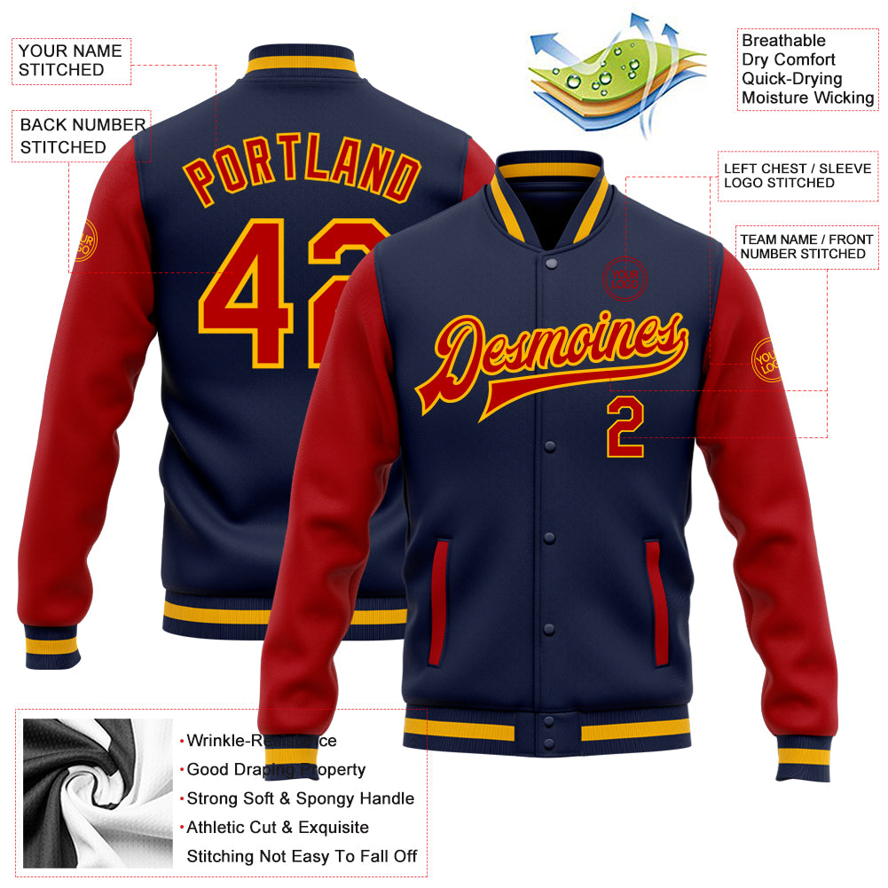 Custom Navy Red-Gold Bomber Full-Snap Varsity Letterman Two Tone Jacket