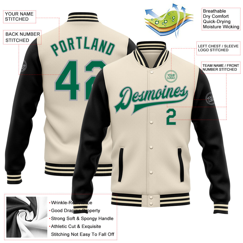 Custom Cream Kelly Green Black-Gray Bomber Full-Snap Varsity Letterman Two Tone Jacket