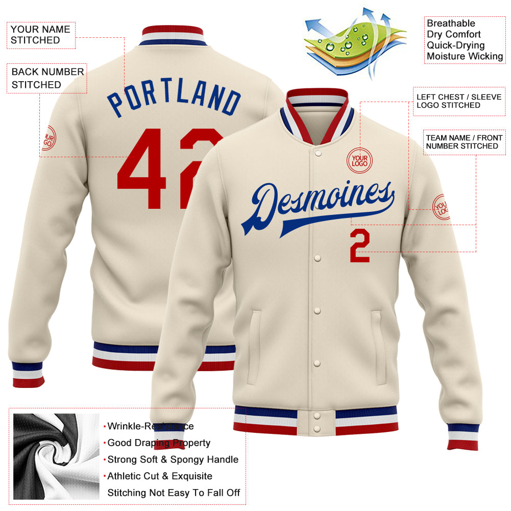 Custom Cream Red-Royal Bomber Full-Snap Varsity Letterman Jacket