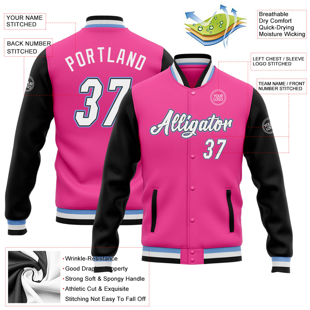 Custom Pink White Black-Light Blue Bomber Full-Snap Varsity Letterman Two Tone Jacket