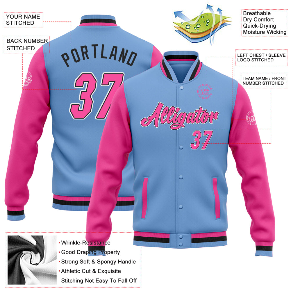 Custom Light Blue Pink-Black Bomber Full-Snap Varsity Letterman Two Tone Jacket