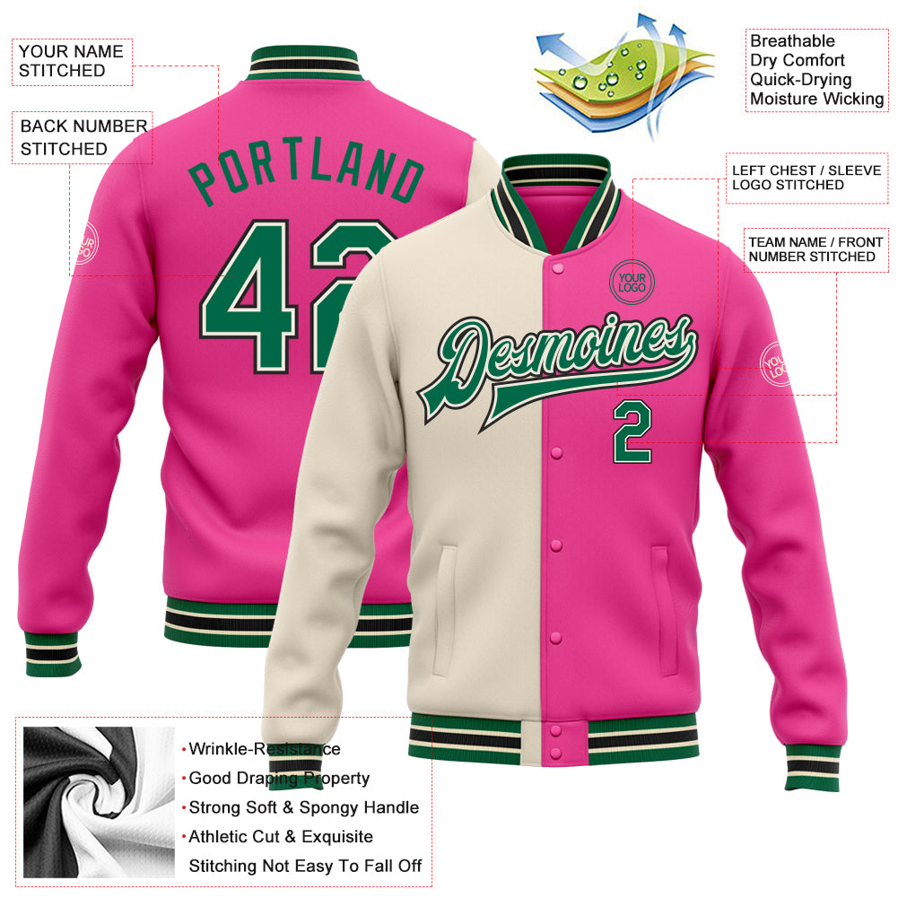 Custom Pink Kelly Green Cream-Black Bomber Full-Snap Varsity Letterman Split Fashion Jacket