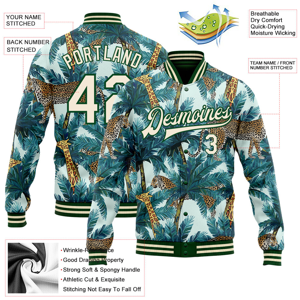 Custom Green Cream Tropical Tiger And Giraffe With Palms 3D Pattern Design Bomber Full-Snap Varsity Letterman Jacket