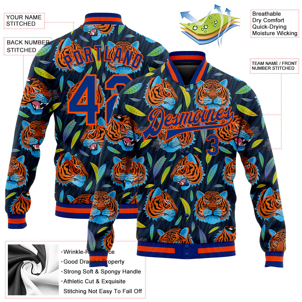 Custom Royal Royal-Orange Red Tiger Head In Colorful Jungle 3D Pattern Design Bomber Full-Snap Varsity Letterman Jacket