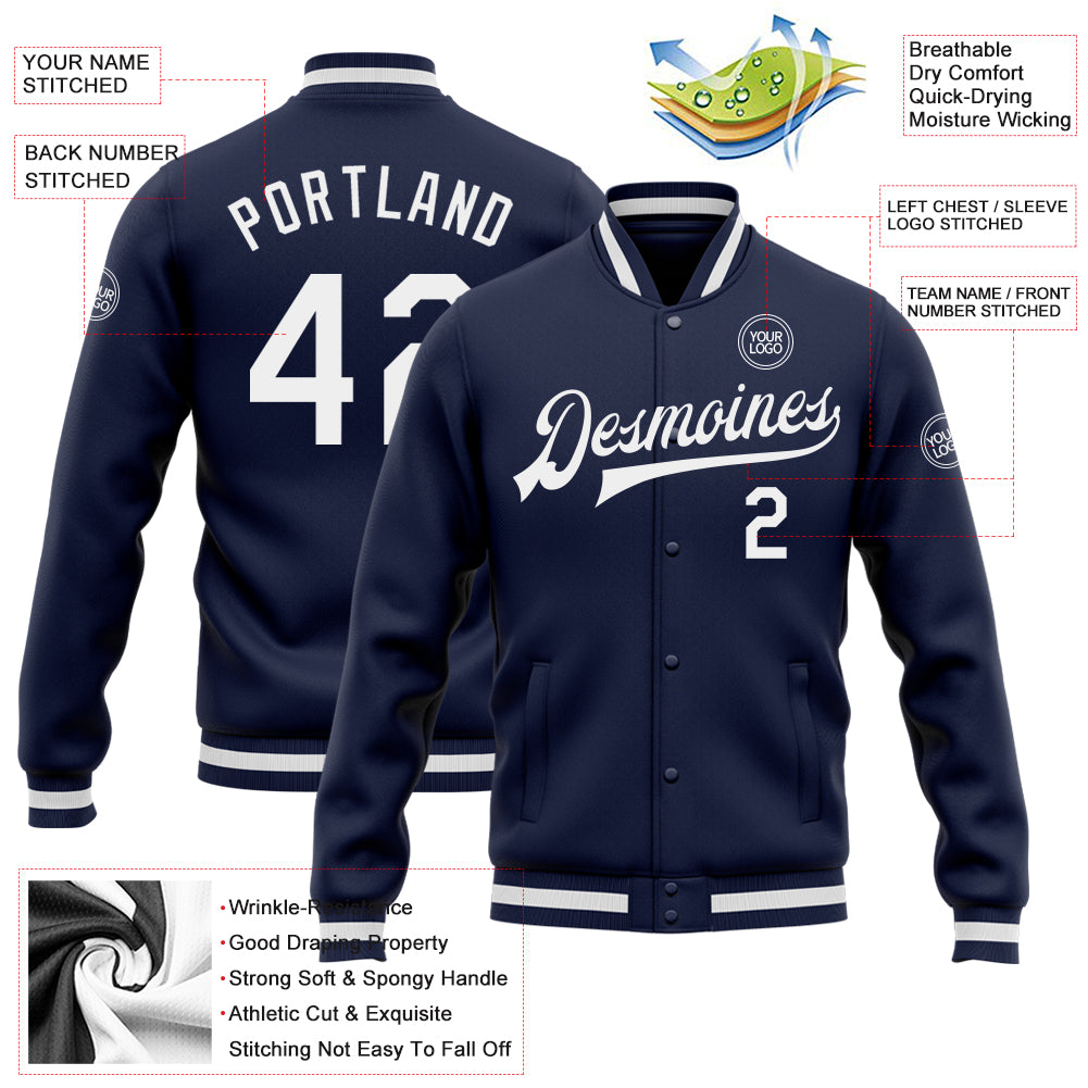 Custom Navy White Bomber Full-Snap Varsity Letterman Jacket