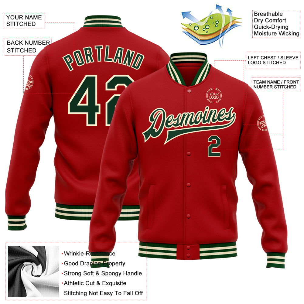 Custom Red Green-Cream Bomber Full-Snap Varsity Letterman Jacket