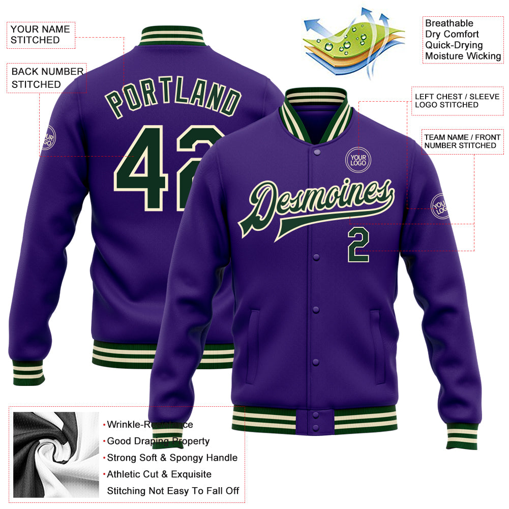 Custom Purple Green-Cream Bomber Full-Snap Varsity Letterman Jacket