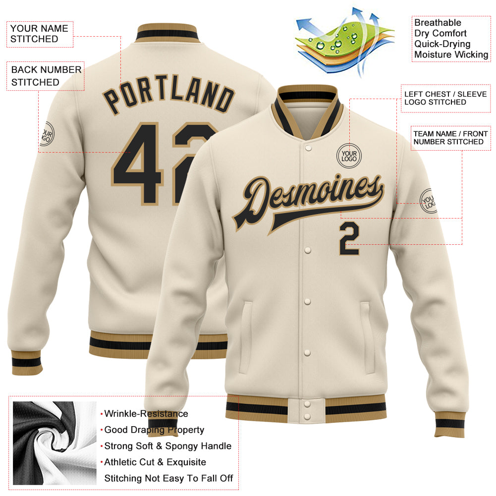 Custom Cream Black Old Gold Bomber Full-Snap Varsity Letterman Jacket