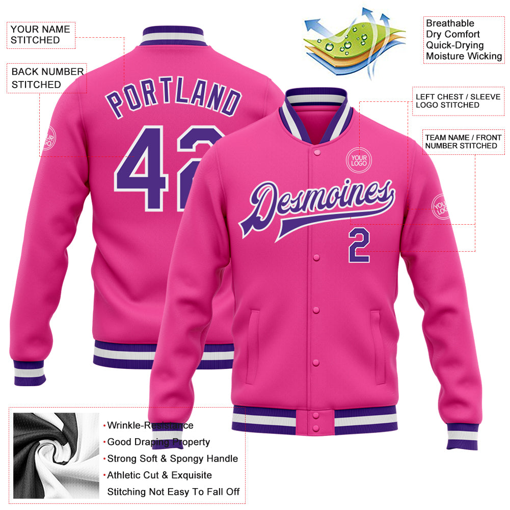 Custom Pink Purple-White Bomber Full-Snap Varsity Letterman Jacket