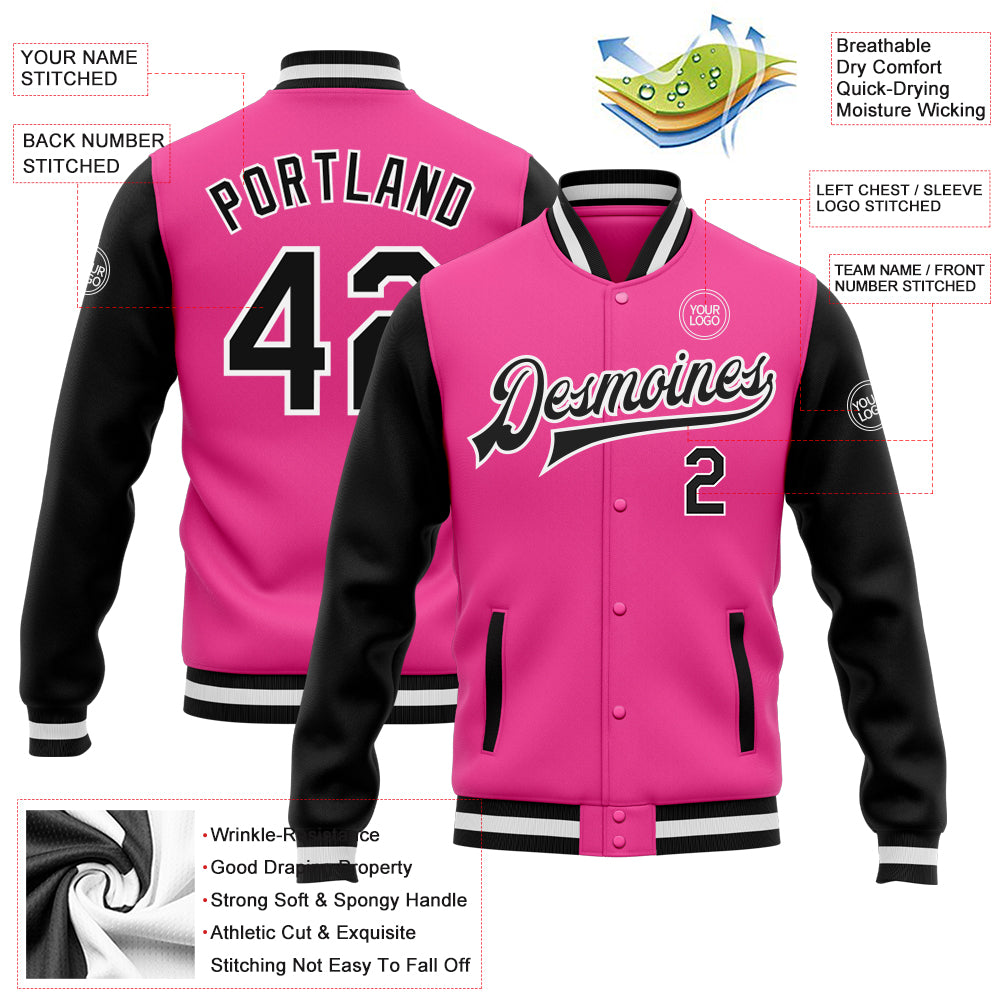 Custom Pink Black-White Bomber Full-Snap Varsity Letterman Two Tone Jacket