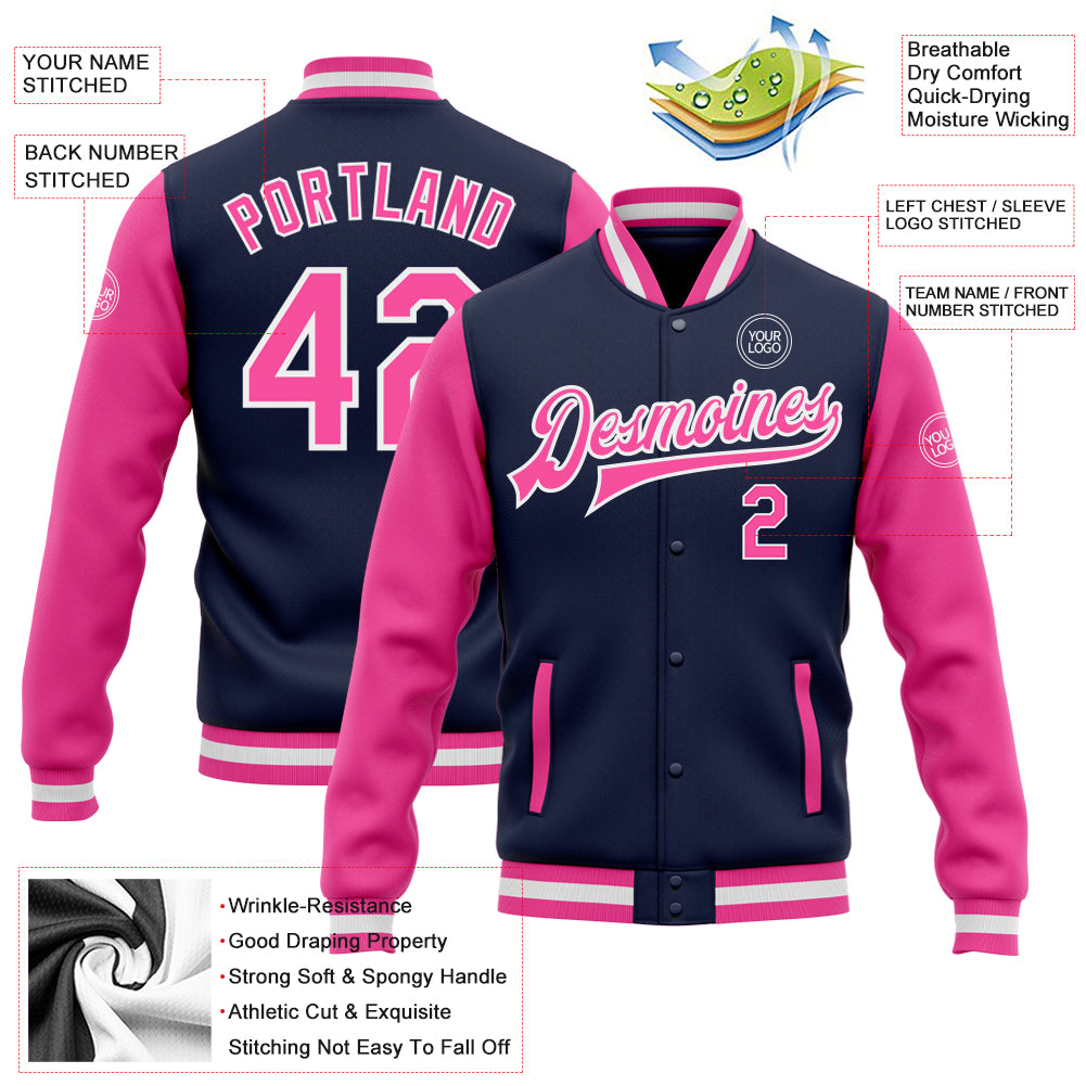 Custom Navy Pink-White Bomber Full-Snap Varsity Letterman Two Tone Jacket