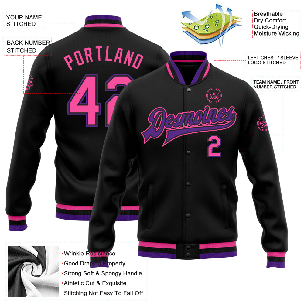 Custom Black Pink-Purple Bomber Full-Snap Varsity Letterman Jacket