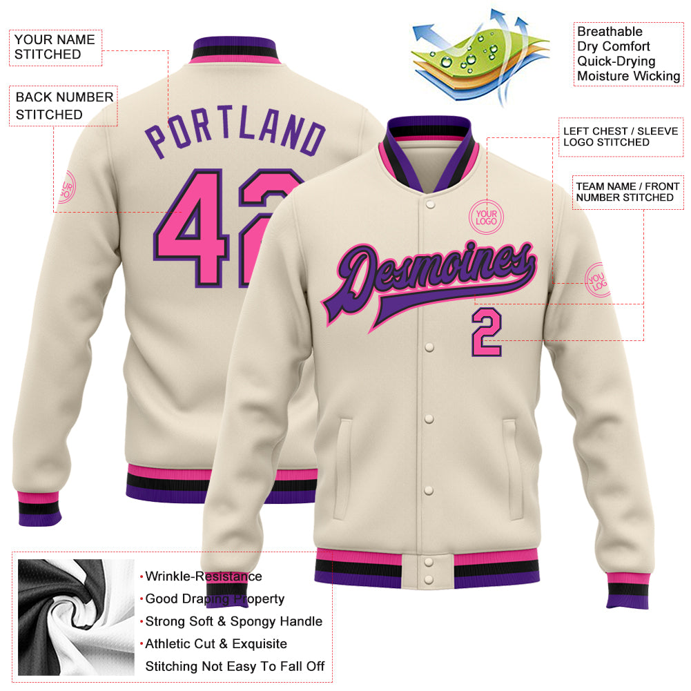 Custom Cream Pink Black-Purple Bomber Full-Snap Varsity Letterman Jacket