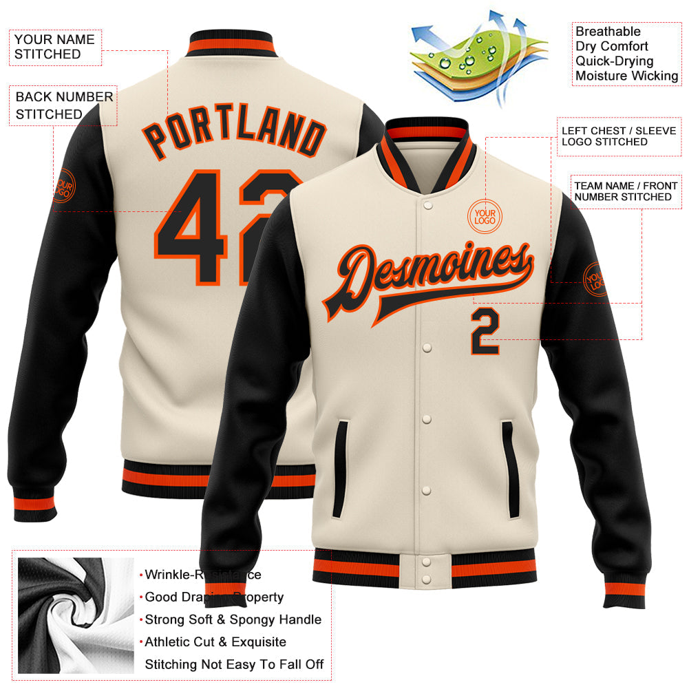 Custom Cream Black-Orange Bomber Full-Snap Varsity Letterman Two Tone Jacket