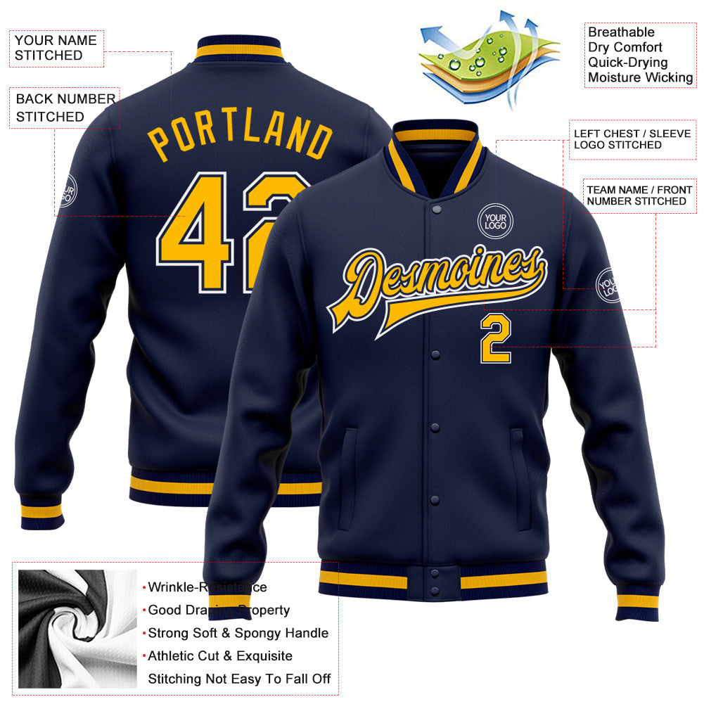 Custom Navy Gold-White Bomber Full-Snap Varsity Letterman Jacket