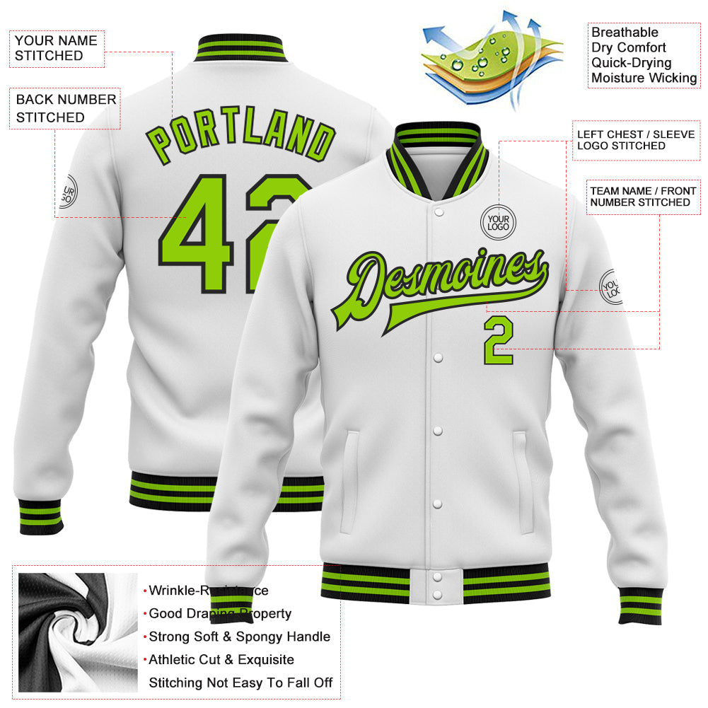 Custom White Neon Green-Black Bomber Full-Snap Varsity Letterman Jacket